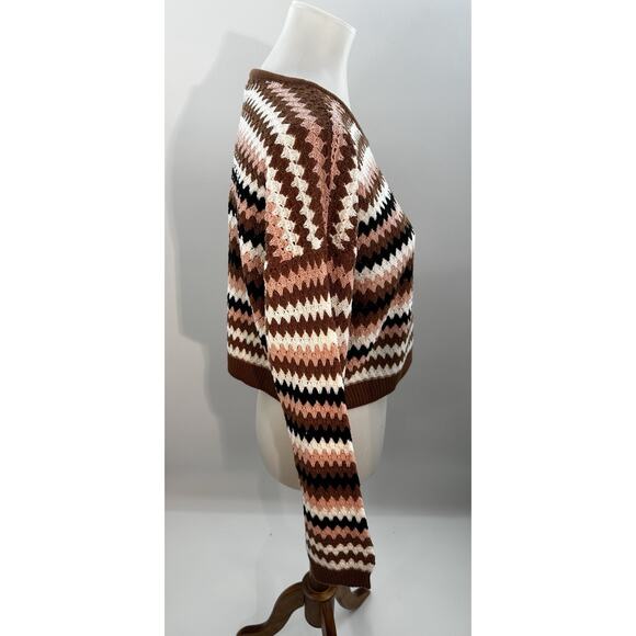 NYC Knits Cropped Striped Sweater Size L Brown Pink Black Retro Knit Top - Picture 2 of 5